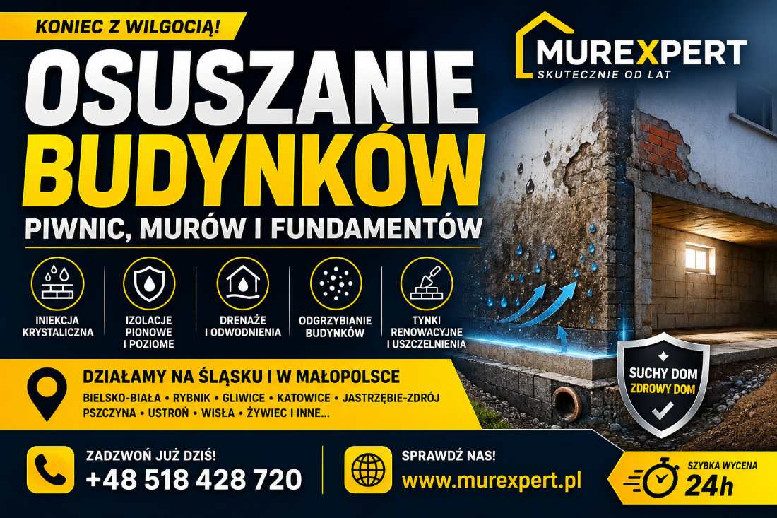 Osuszanie budynków, izolacja fundamentów, iniekcja krystaliczna, podcinanie ścian Małopolska/ Śląsk