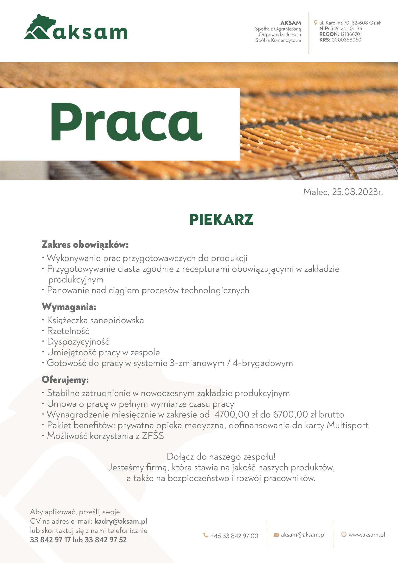Praca z firmie AKSAM: piekarz