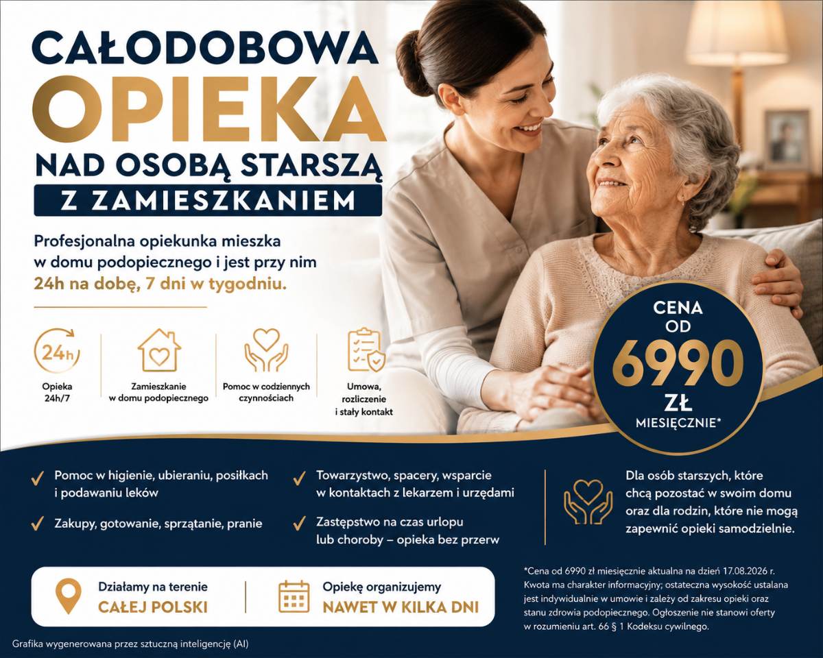 Opieka osoby starszej z zamieszkaniem opiekuna - od 6990 zł miesięcznie