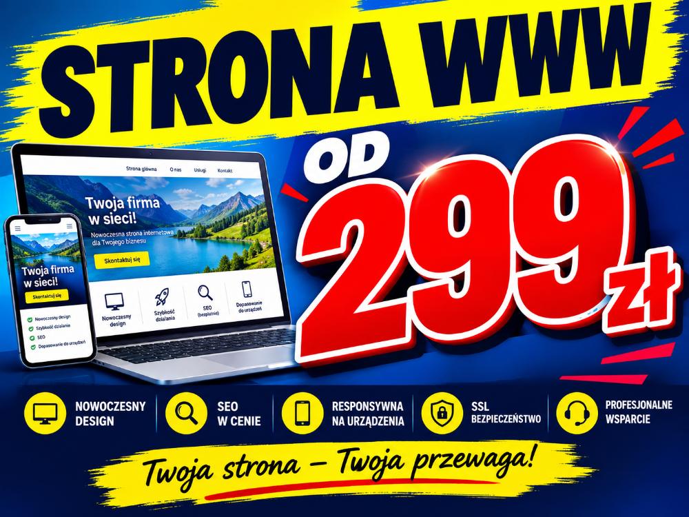Strona www 299 zł kompletna, wsparcie po starcie