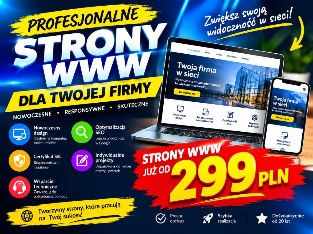 Strona www 299 zł kompletna, wsparcie po starcie