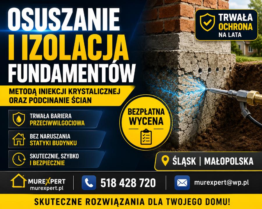 Osuszanie budynków, izolacja fundamentów, iniekcja krystaliczna, podcinanie ścian Śląsk / Małopolska